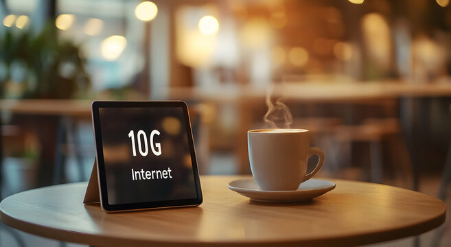 A digital tablet on a wooden table inside a cozy coffee shop with "10 G internet" text displayed, capturing modern wireless connectivity.