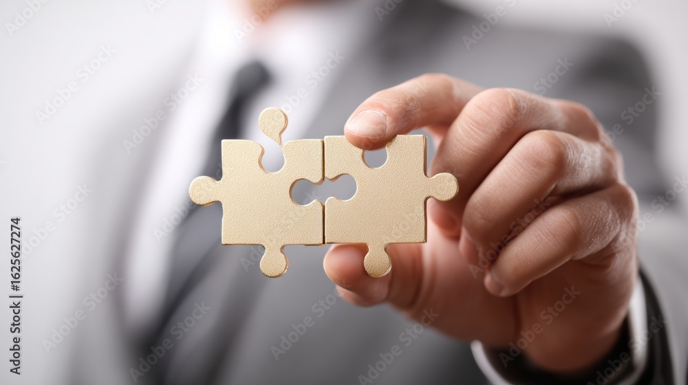 Poster a businessman holds two interlocking puzzle pieces, symbolizing teamwork and problem-solving in the 