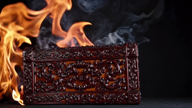 A mesmerizing ultra HD 4K visual ancient wooden treasure chest being dramatically engulfed roaring flames charred surface symbolizing irreversible loss mystery dramatic cinematic