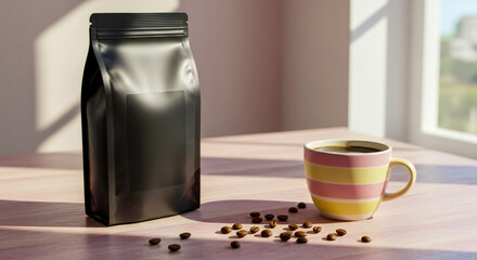 Cheerful coffee shop scene with a blank matte black coffee bag