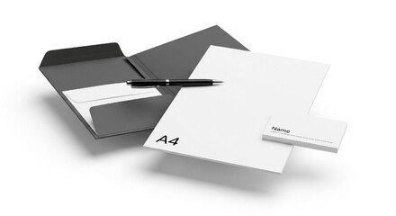 Professional stationery set with pen, A4 paper, business cards, and envelope for modern branding needs
