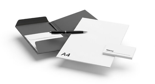 Professional stationery set with pen, A4 paper, business cards, and envelope for modern branding needs - Powered by Adobe
