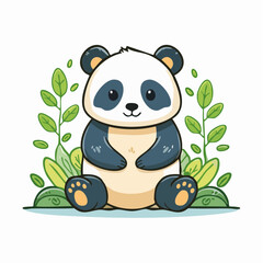 Adorable Panda Illustration Surrounded by Lush Greenery in a Playful Cartoon Style