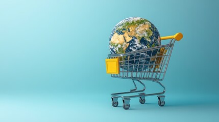 A model of planet Earth inside a miniature shopping cart. A concept for global e-commerce, international trade, consumerism, and environmental sustainability.