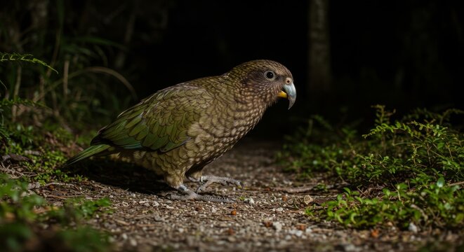 An intriguing portrait of a kakapo bird hopping along a forest path