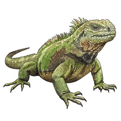 Obraz premium Vibrant Green Iguana Reptile Illustration Isolated on White Background Wildlife Art