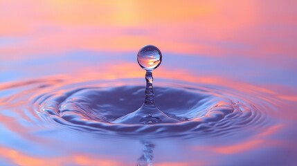 A macro close-up of a single water droplet bouncing on a water surface, creating concentric ripples. A concept for purity, the ripple effect, tranquility, and cause and effect.
