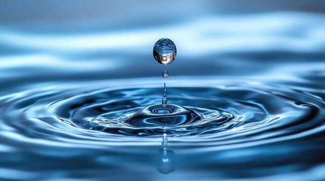 A macro close-up of a single water droplet bouncing on a water surface, creating concentric ripples. A concept for purity, the ripple effect, tranquility, and cause and effect. - Powered by Adobe
