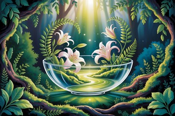 "Fantasy Forest in Glass Bowl with Lilies and Sunlight | Dreamy Nature Art"