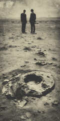Desert Landscape Men Figures Abandoned Ruins Dry Ground Blackandwhite Mystery Exploration Photography Empty Space Vintage Film Shadow 