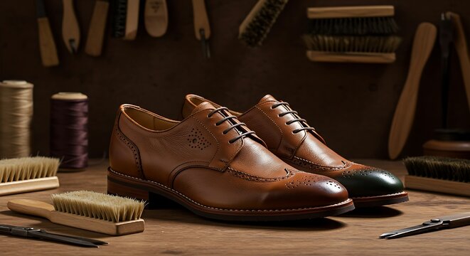Locally made leather shoes are neatly aligned with textured soles.