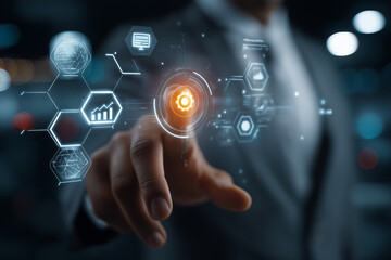 Futuristic businessman hand finger touch virtual screen.