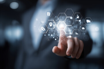 Futuristic businessman hand finger touch virtual screen.