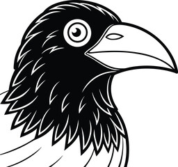 Illustration of a crow head isolated on white background in black and white