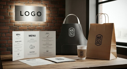 Professional cafe branding setup with menus, apron, cup, and paper bag ready for business