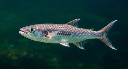 Fototapeta premium Close-up view of a Pacific Tarpon swimming gracefully in deep waters showcasing its iridescent scales and streamlined body