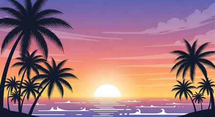 Obraz premium Serene tropical beach paradise with silhouetted palm trees against a vibrant ocean sunset vector illustration