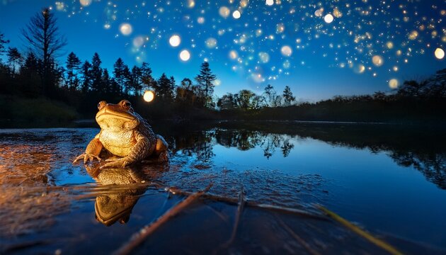 woodhouse s toad at night surrounded by fireflies by a quiet pond