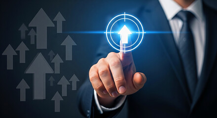 Businessman targets upward growth with glowing arrow, symbolizing success and ambition in a digital future.