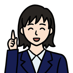 指差すスーツ姿の若い女性（笑顔）