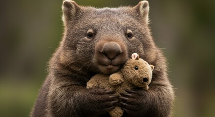 Fototapeta premium A heartwarming portrait of a wombat lovingly embracing its teddy bear