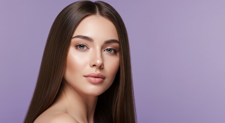 Fototapeta premium Portrait of a stunning woman with silky smooth brown hair against lavender backdrop