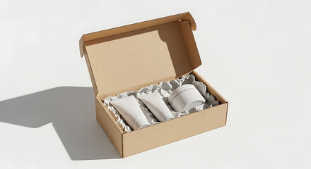 Open cardboard box containing three white cosmetic products nestled in protective shredded paper, casting a shadow on a white background.