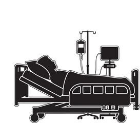 Silhouette of a patient lying in a hospital bed with an IV drip and medical monitoring equipment.
