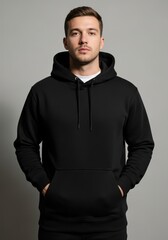 A young man stands confidently, wearing a black hoodie, hands in pockets, facing the camera.