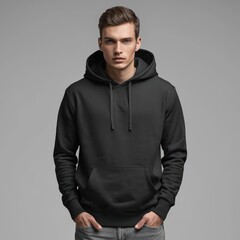 A young man in a black hoodie poses confidently, looking directly at the viewer.
