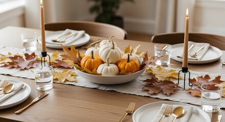 Autumnal elegance: Table setting featuring pumpkins, candles, and falling leaves accentuating a
