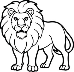 Illustration of a lion standing isolated on white background in black and white style