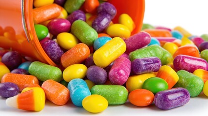 Spilled orange bucket filled with colorful assorted candies, featuring bright jelly beans and candy corn, creating a playful and festive composition