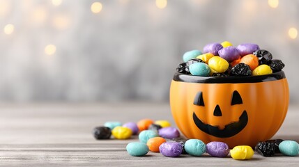 Halloween jack-o’-lantern bucket filled with colorful candy-coated chocolates on a rustic wooden surface with warm blurred lights in the background