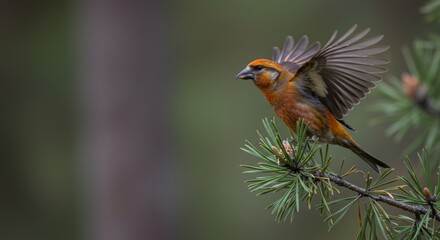 Fototapeta premium Vibrant crossbill taking flight from a pine branch in a serene forest setting evoking nature's beauty