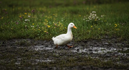 Fototapeta premium Duck Crossing Muddy Meadow, A Serene Encounter with Nature's Wildfowl