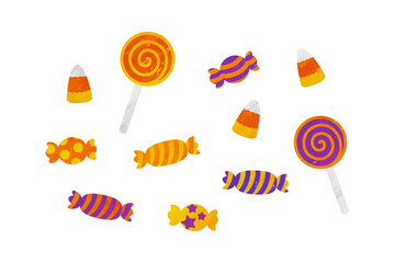 Vector illustration of Halloween candy and treats. Hand-drawn illustrations in orange and purple watercolor.