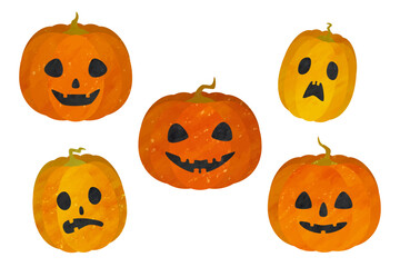 Vector illustration of Halloween pumpkins or jack-o'-lanterns. Hand-drawn illustrations in orange and yellow watercolor.