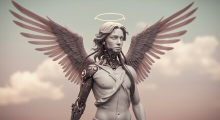Futuristic angelic cyborg with wings and halo in a serene setting