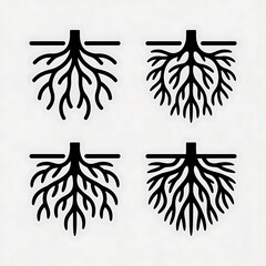 Fototapeta premium Four black tree root systems isolated on white background