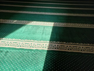 A beam of sunlight came through the open door and fell on the green carpet