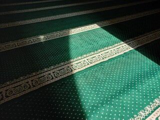 A beam of sunlight came through the open door and fell on the green carpet