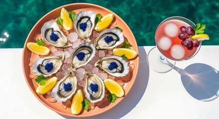 Fototapeta premium Oysters with blue caviar, a touch of citrus and a refreshing drink, Oysters on ice with lemon wedges and a cocktail – a sophisticated culinary pairing