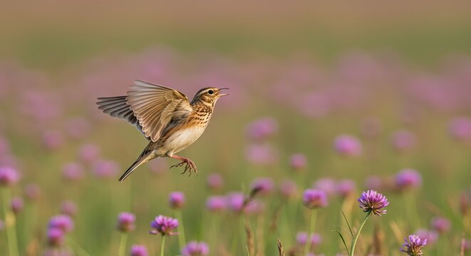 A beautiful shot of a lark bird mid-flight over a vibrant clover field