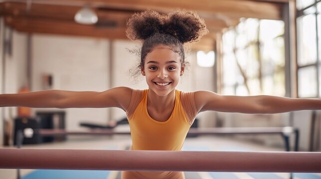 Agile Teen Girl Perfecting Gymnastics Routine on Balance Beam