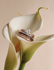 Wedding Engagement Ring Calla Flower Nature-inspired Design Gold Diamond Bridal Jewelry Floral Bouquet Romantic Elegance Precious Gem Unique Minimalist Adornment Feminine Beauty Artistry