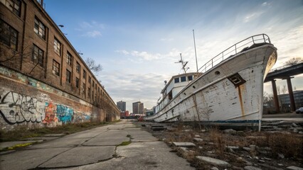 Fototapeta premium Derelict Boat on Land, Urban Decay