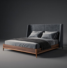 Modern Interior Bedroom Design Cozy Bed Furniture Relaxation Stylish Gray Upholstery Luxury Wooden Minimalist Sleep Comfort Cushions Chic Textiles 