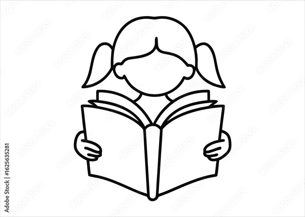 Poster elegant continuous single line art depicting a girl engrossed in reading a book from behind a classi