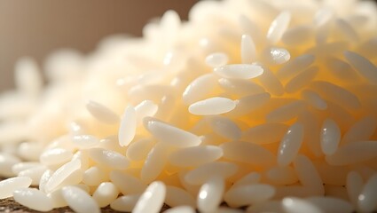 Radiant Grains Close-Up of Glistening Kinmemai Premium Rice, The Essence of Rice Macro View of Perfectly Cooked Kinmemai, Golden Hues Detailed Texture of Premium Steamed Rice, Purity Illuminated